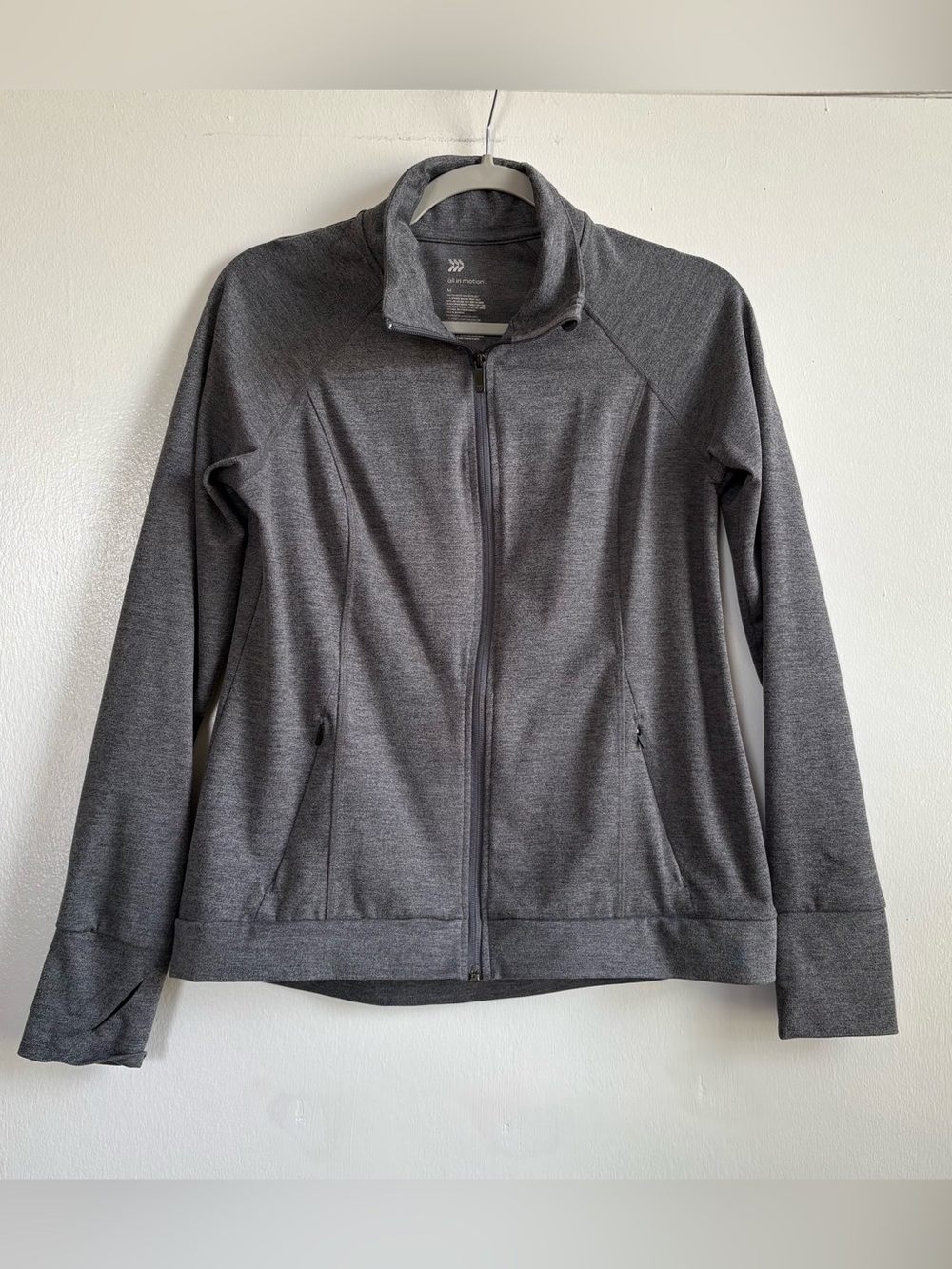 All in Motion Women's Track Jacket Full Zip Pockets Thumb Holes Gray Size M
